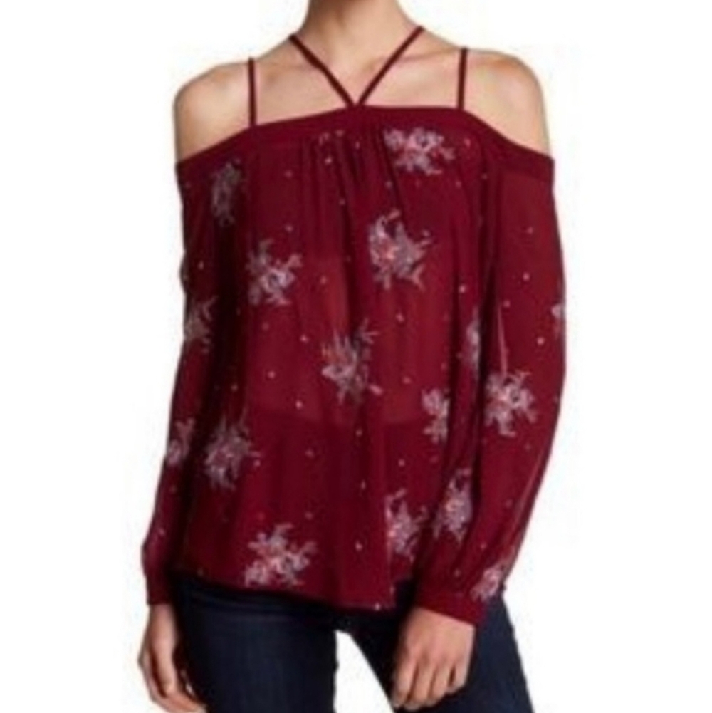 Ro & De Women's Top Burgundy Off-Shoulder Peasant Blouse Embroidered Size L
